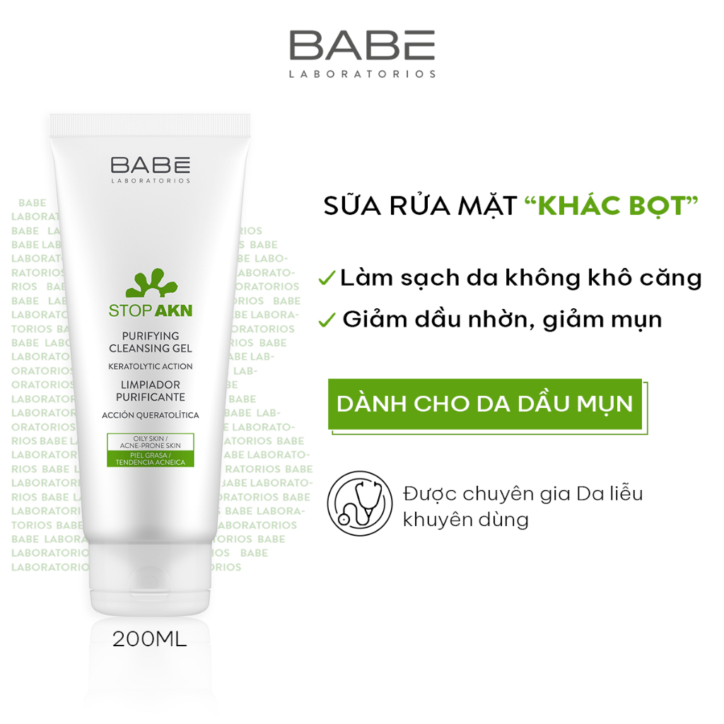 (CHÍNH HÃNG - TEM PHỤ) Sữa rửa mặt BABE Stop Akn Purifying Cleansing gel cho da dầu mụn 200ml