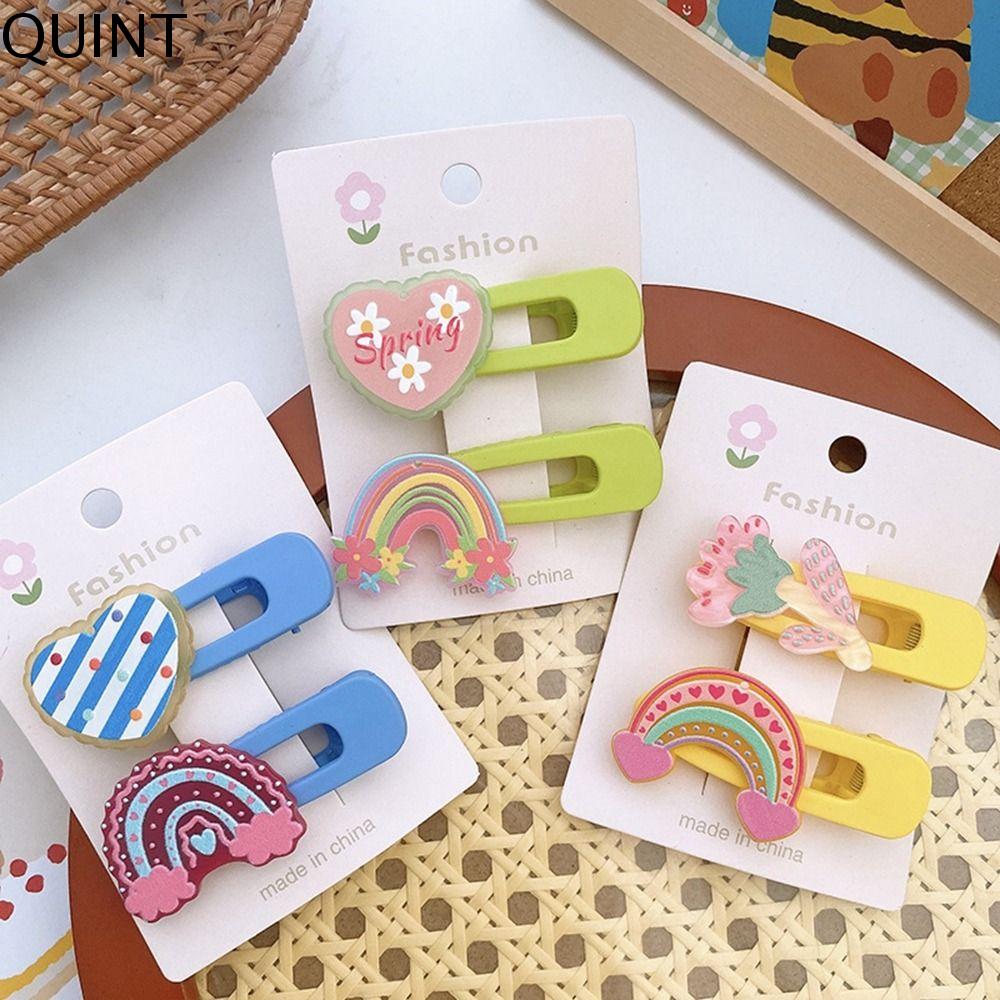 QUINT 2pcs/set Cầu Vồng Kẹp tóc trẻ em Trái Tim Hoa Kẹp tóc nữ Ngọt ngào Acrylic Bộ kẹp tóc trẻ em Bé gái