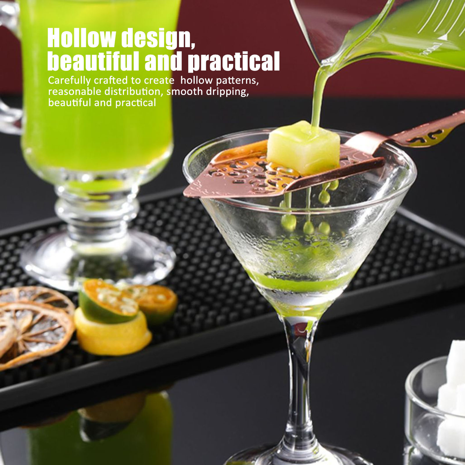 Hleo MUỖNG hình lá ngải đắng muỗng lọc Cocktail muỗng bảo vệ mái vòm xử lý thiết kế khoét lỗ cho bartender Bạc