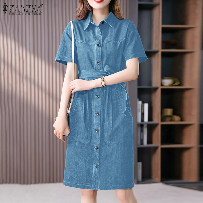 Zanzea nữ phong cách Hàn Quốc Đầm Denim ngắn tay thời trang mới ve áo shirtdress đồng bằng Đầm midi #10