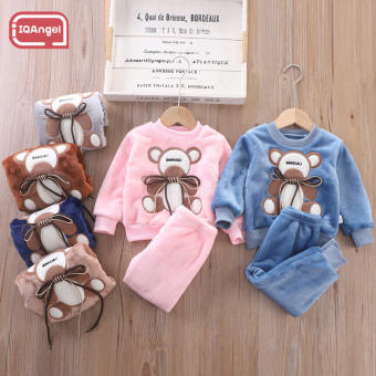 IQAngel Bộ đồ ấm mùa đông trẻ em bé gái 1-3 tuổi Bộ đồ ngủ hoạt hình Áo Khoác Lông CừU Dài Tay nhà bé trai mềm mại và thoải mái