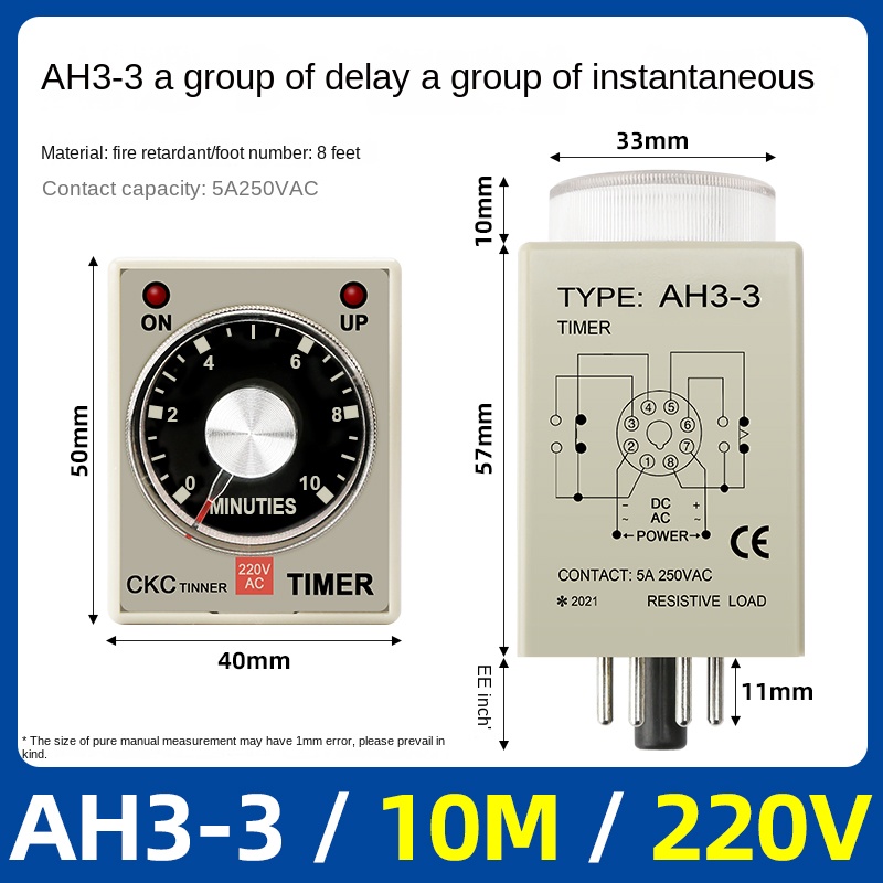 Timer Relay AH3-3 -10m-220V | tùy chọn Rơ Le thời gian AH3-3, AH3-2 CKC, 1s-60m, AC220V/DC24V, Trễ Bật, 8 Chân, Công Nghiệp, IP50, Độ Chính Xác Cao