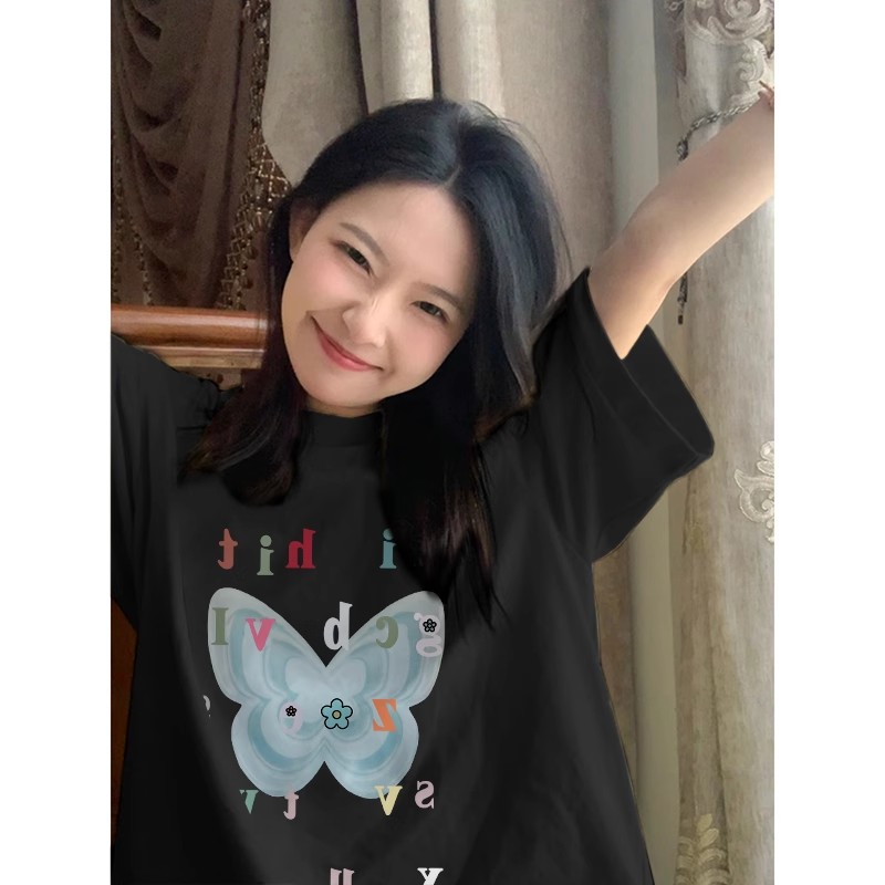 COD  Tay Ngắn Cotton Chải Kỹ T Áo Thun Nữ 2024 Áo Cộc Tay Rộng Rãi Kiểu Mỹ  PPF2