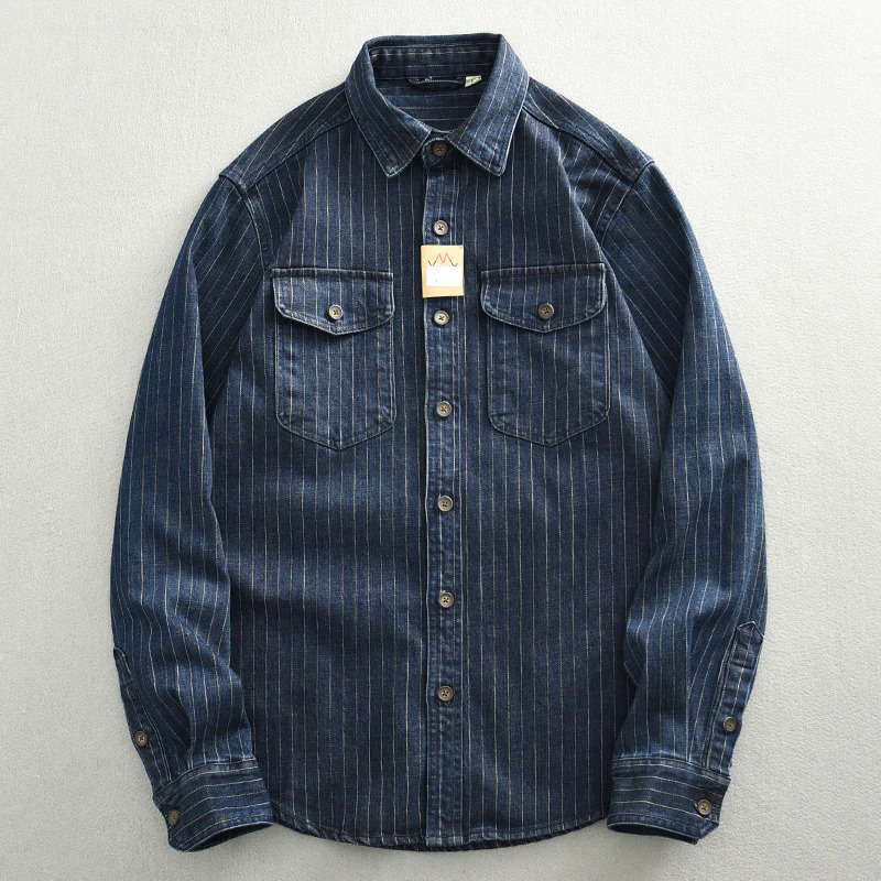 Heavyweight nước rửa sạch sọc denim áo sơ mi cho nam giới Ami kajiji mùa thu bảo hộ lao động Áo khoác cổ điển lỏng cộng với kích thước áo sơ mi