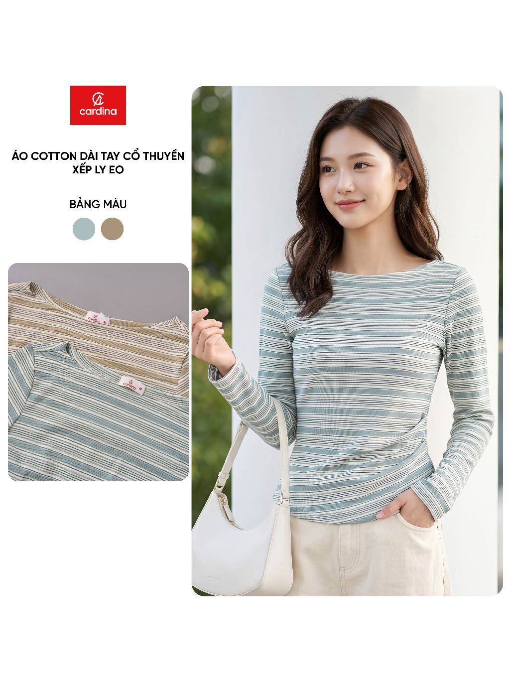 Áo kiểu nữ CARDINA chất liệu cotton kẻ dài tay cổ thuyền xếp ly eo 6ATD03