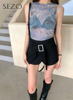Sezo Quần Áo Nữ Hàn Quốc Y2K Halo nhuộm ren áo vest sát nách + Bộ quần sóc cạp cao