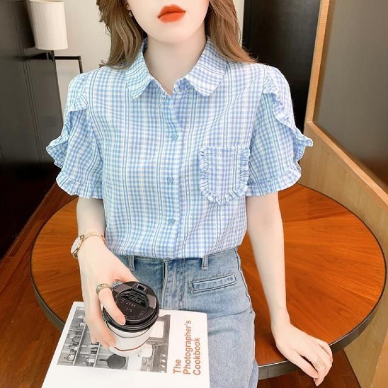 Blue Plaid Shirt For Women New Design Sense Petal Sleeve Stringy Selvedge Short Sleeve Temperament Shirt Summer 2024