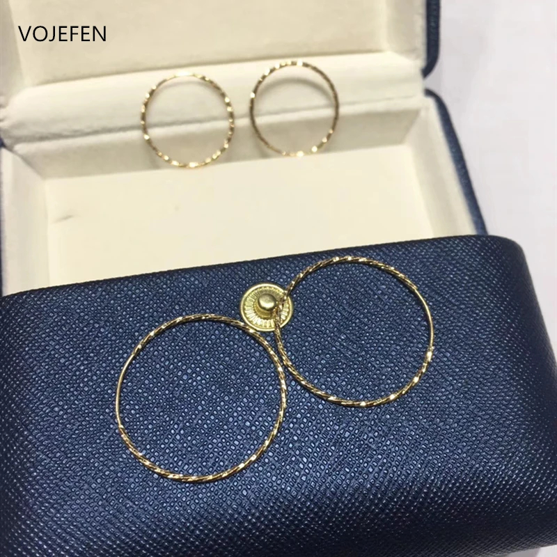 [we4z] VOJEFEN 18K Pure Gold Earring Hoops Women Original Shiny AU750 Gold Pattern Round Large Earrings Charms Earing Circle Fine Jewel · v2