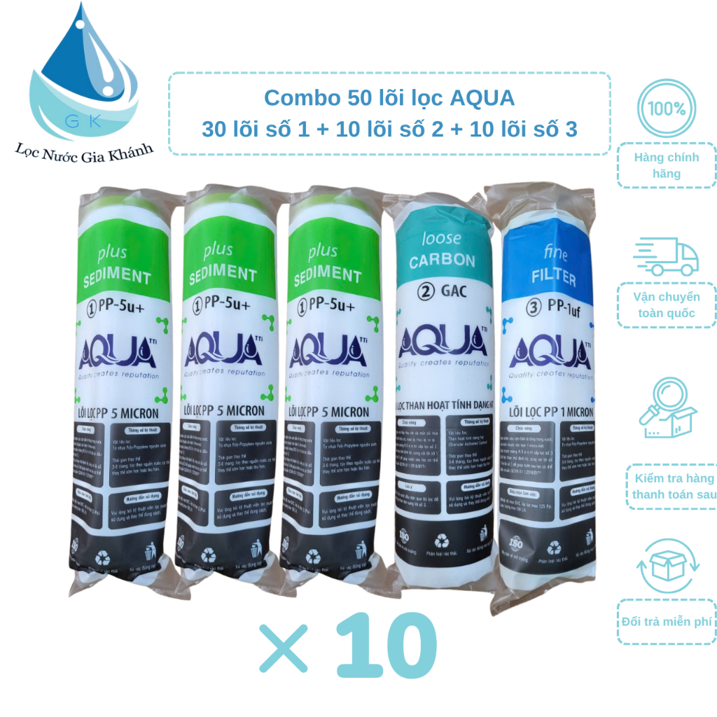 Combo 50 lõi lọc AQua, 30 Lõi 1 + 10 lõi 2 + 10 lõi 3