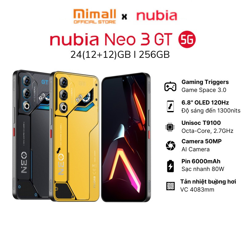 Điện thoại Gaming Nubia Neo 3 GT 5G 24(12+12)GB I 256GB I màn hình OLED 1300 nits I Pin 6000mAh 80W