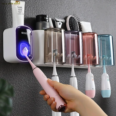 SG IN STOCK Wall Mount Toothbrush Holder Automatic Toothpaste Squeezer Dispenser Multi-Functional Bathroom Accessories Organizer Rack