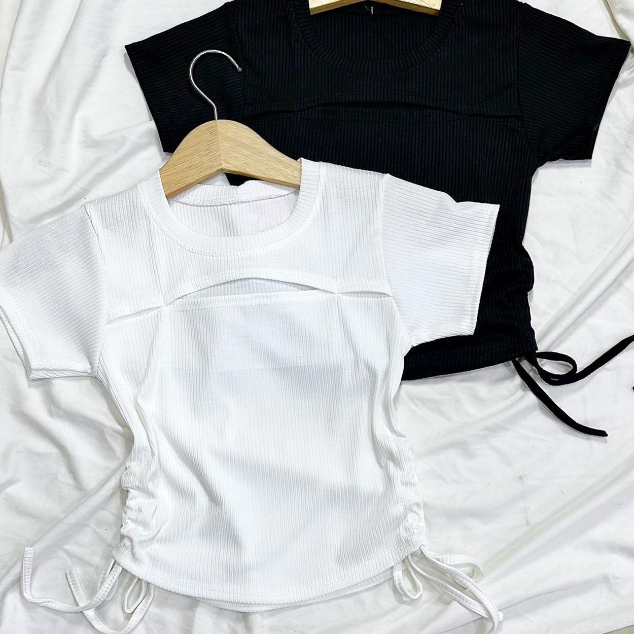 Áo thun gân nữ rút dây hở ngực, áo thun croptop nữ khoét ngực