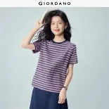 GIORDANO Women T-Shirts Contrast Striped Tee Crewneck Short Sleeve Regular Fit Fashionable Casual T-Shirts 05326416
