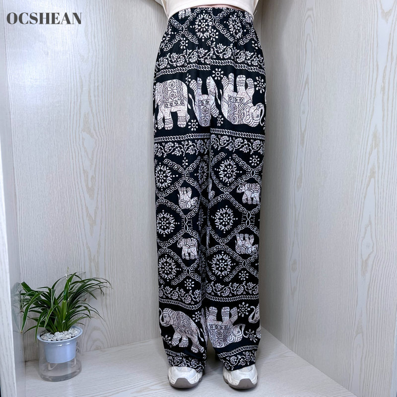 OCSHEAN Southeast Asian Ethnic Style Elephant Print Wide-Leg Pants for Women ราคา 61 บาท*ส่งฟรี