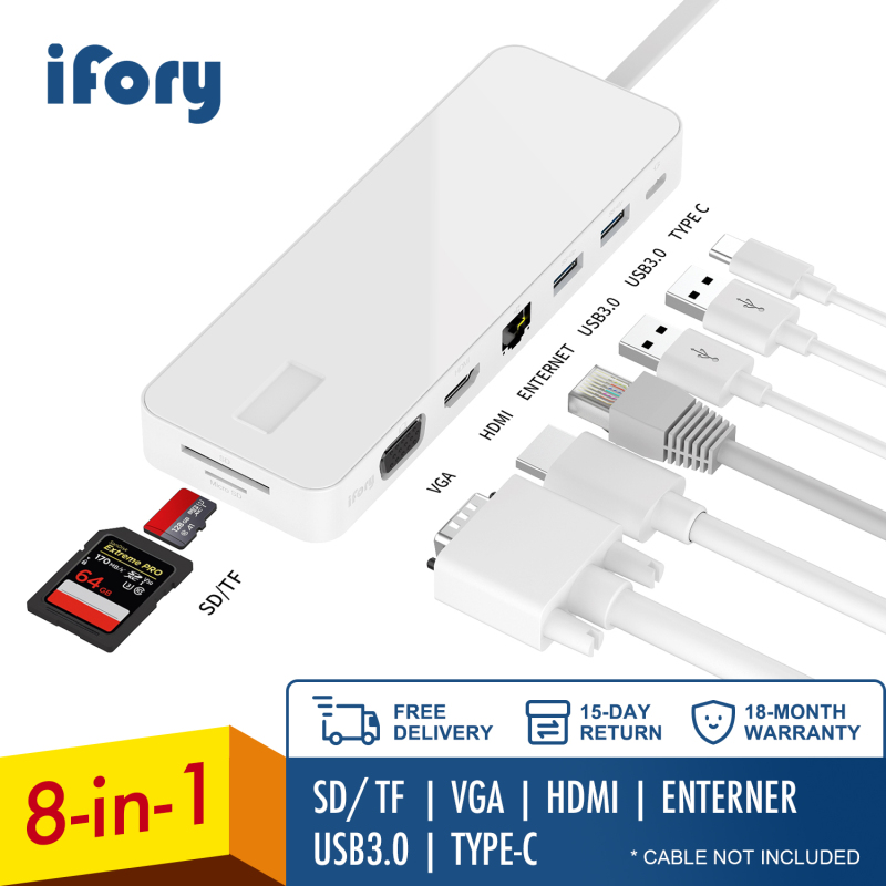 iFory Type C Hub,Type C Adapter with HDMI, Ethernet, 2 port of USB 3.0, SD/TF Card Reader, 100W Pd Charging,Type C Ports