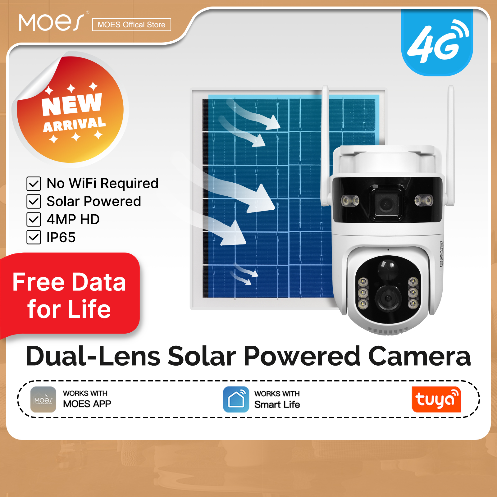 (Free Date for Life) MOES Tuya 4G Dual Lens Smart Wireless PTZ Bullet 2 in1 Camera 4MP Solar Power Panel IP65 Outdoor APP Monitoring Motion Detection ราคา 4,999 บาท*ส่งฟรี