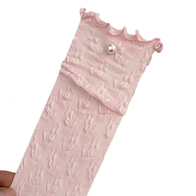 Aesthetic Pearl Beaded Ruffle Frilly Sock for Women Elegant Hollowed Out Flower Lace Summer Thin Middle Tube Calf Sock