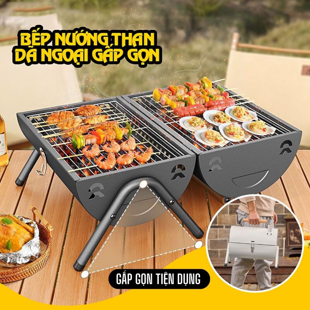 Bếp Nướng Than Dã Ngoại BBQ Gấp Gọn Tặng Vỉ Nướng Khay Than Dùng Đi Dã Ngoại Gia Đình