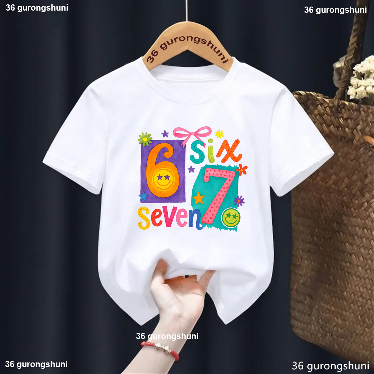 Colorful Six Seven 67 Flowers Bow Star Printed T Shirt Girls Kawaii Kids Clothes Summer Short Sleeve T-Shirt Solid Tshirt Tops - 3