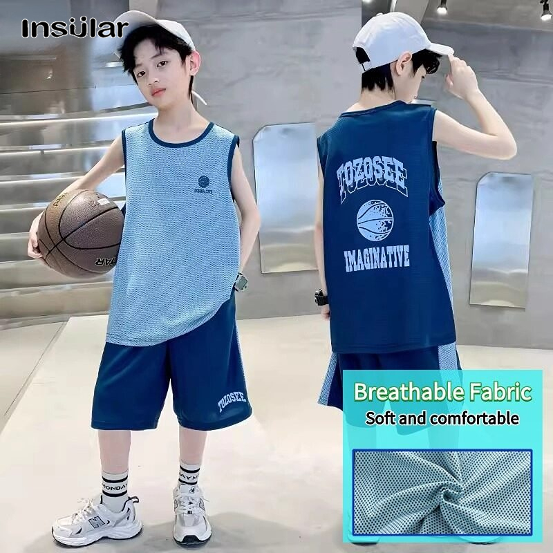 Insular Boys' Sports Suit Medium and Big Boys Breathable Quick-drying Vest Children's Wear Thin Two-piece Set ราคา  160 บาท*ส่งฟรี