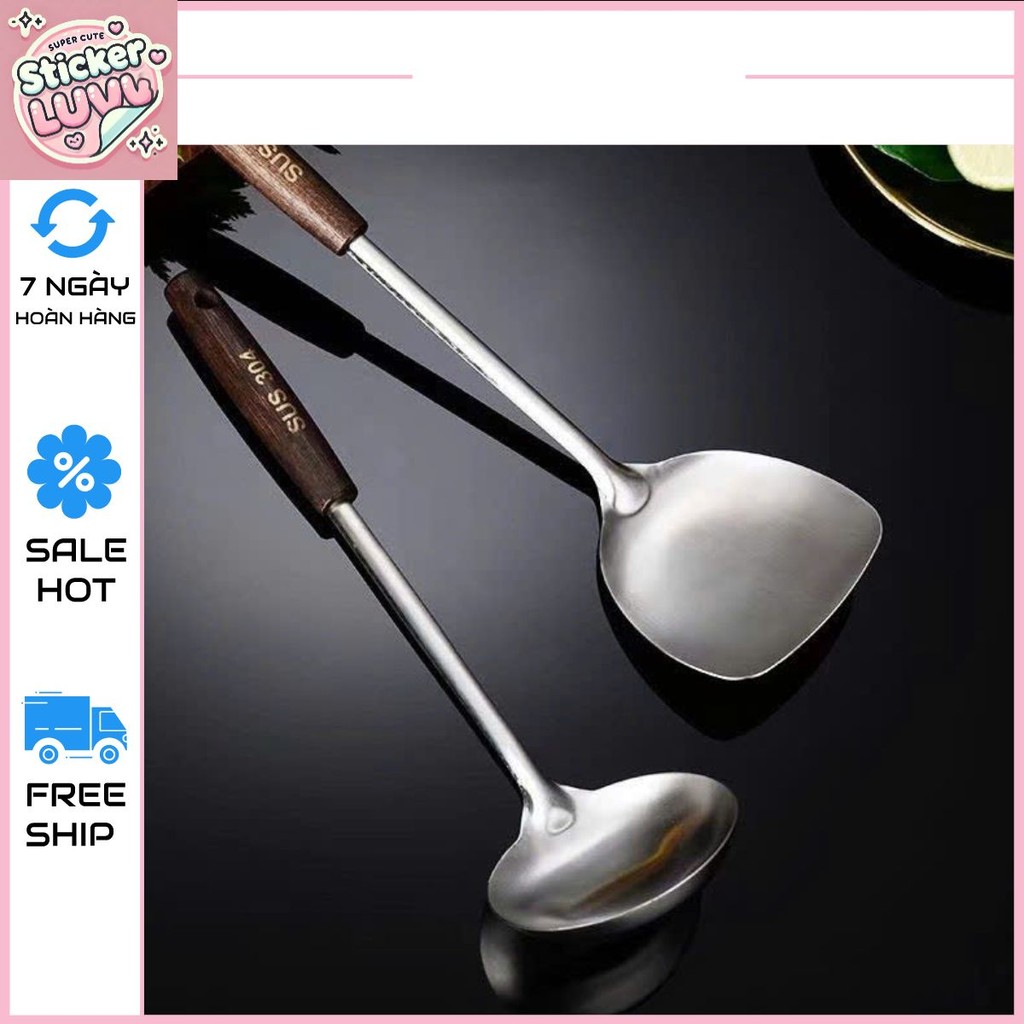 Combo Set Muôi + Xẻng Inox Nhà Bếp Cán Nhựa Vân Gỗ Sang Trọng Cho Mọi Gia Đình