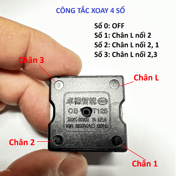 Công tắc xoay vuông cho quạt, nồi lẩu, lò nướng điện xoay chọn tốc độ gồm 3 mức 4 vị trí 13A, 120V-250V