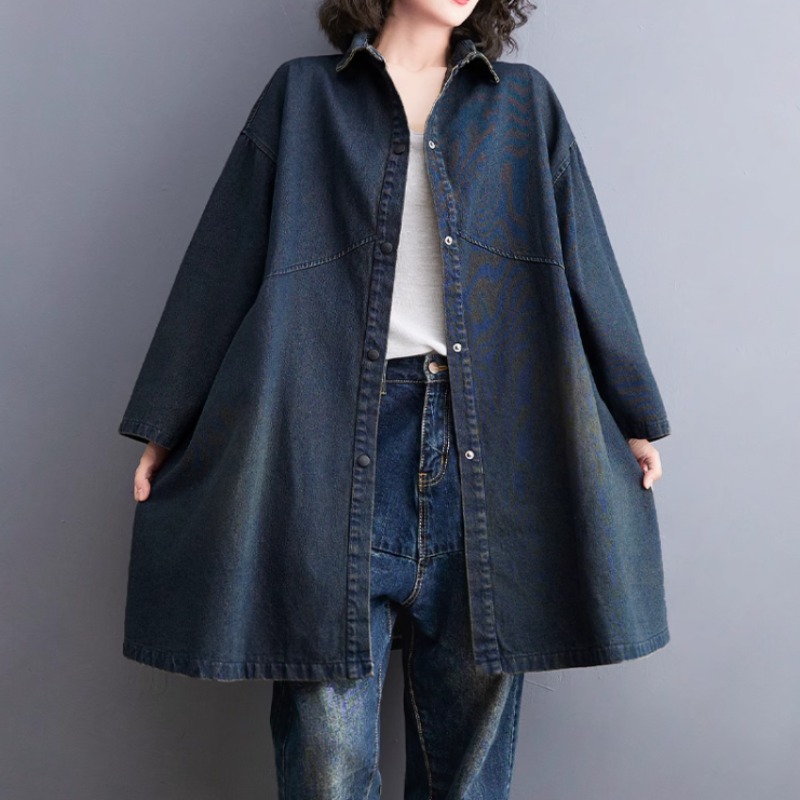 FairyTaill Women s Loose and Vintage Outworn Mid Length Denim Coat Fashion