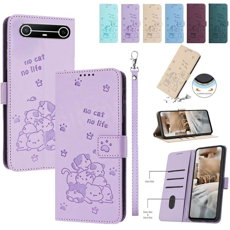 Vỏ điện thoại cho TECNO Spark Slim 4G TECNO pova Slim 4G 5g 2025 da sang trọng khe cắm thẻ 3D Mèo vỏ điện thoại nắp gập vỏ vỏ lưng chống sốc