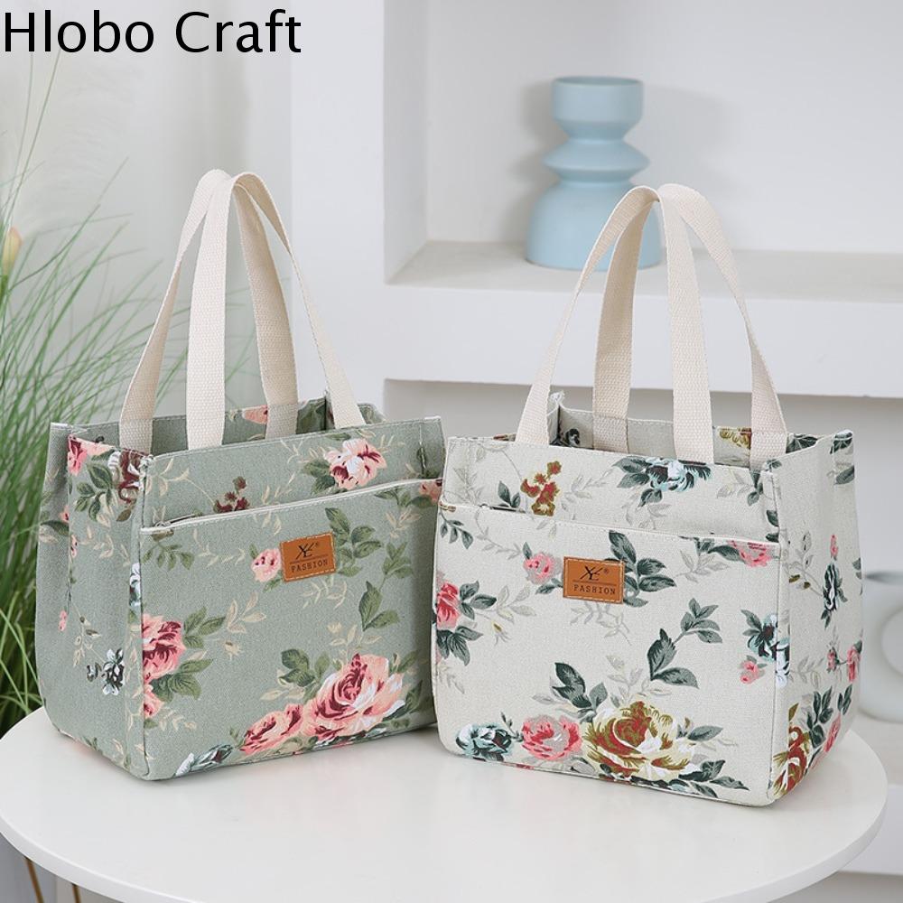HLOBO Cách nhiệt Túi ăn trưa in hoa Lớp lót lá Có khóa kéo Túi xách Di động Sức chứa lớn Túi tote Phụ nữ
