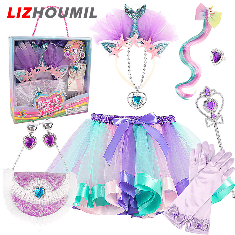 LIZHOUMIL Girls Princess Dress Up Outfits Accessories Set With Tutu Skirt Hairband Headband Necklace Ring Earrings Gloves Bag Magic Wand ราคา 516 บาท*ส่งฟรี