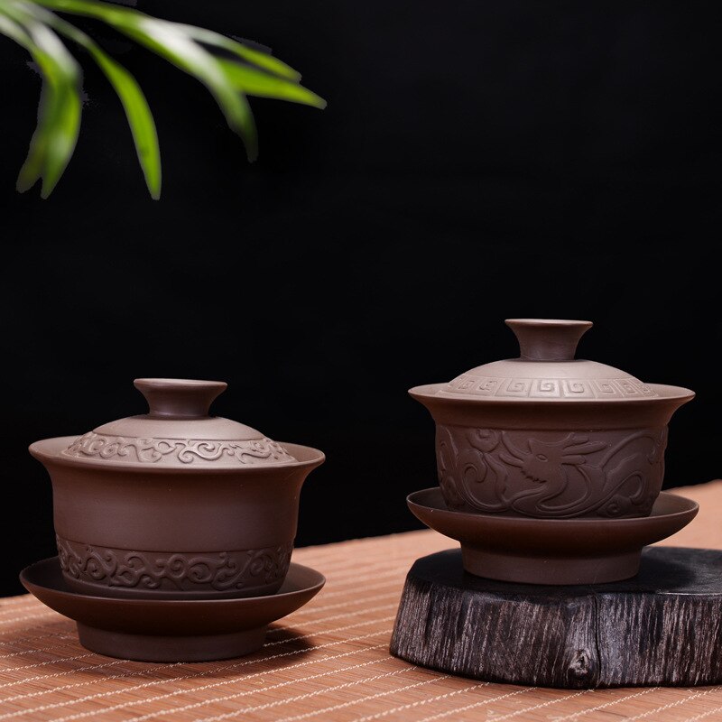 Trà đất sét Tím Liễn gaiwan Trung Quốc Gốm chén trà Set bao phủ bát có nắp đậy cup chiếc đĩa Trung Quốc cup Bowls drinkware swr-026