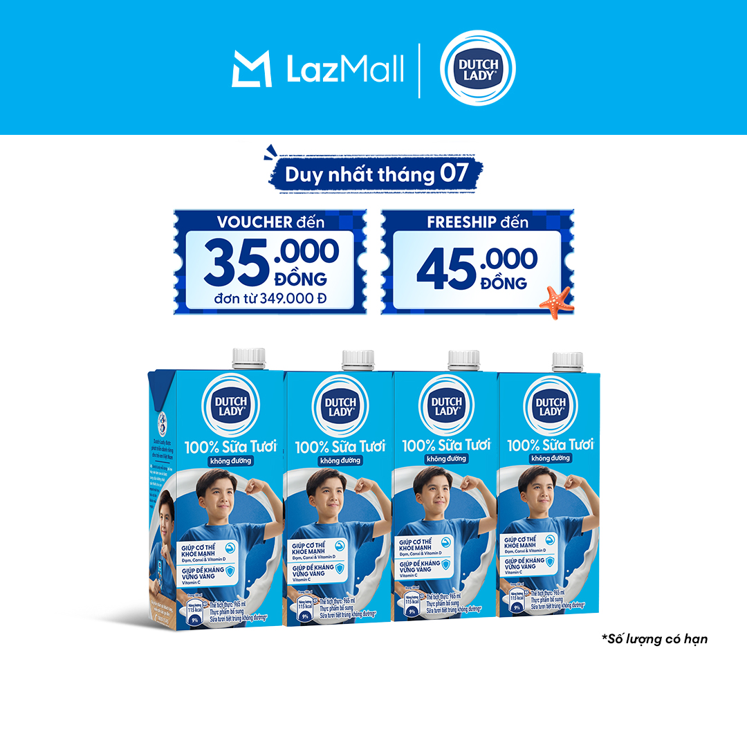 Combo 4 Hộp Sữa Tươi Tiệt Trùng Dutch Lady Cô Gái Hà Lan Không Đường 965ml