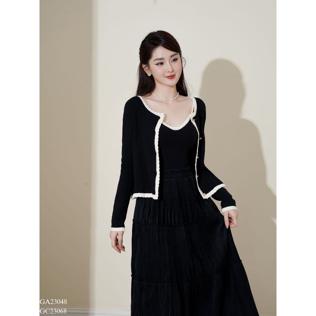 Set áo cardigan nữ dài tay viền màu x áo 2 dây hai màu freesize Tiin Store GA23048