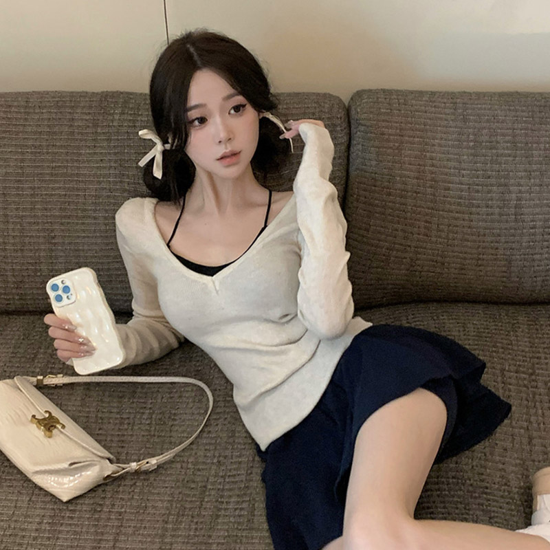 Xiyuyi áo tay áo dài cổ chữ V cho bé gái gia vị dáng ôm áo len mặc lót áo phiên bản Hàn Quốc dáng ôm