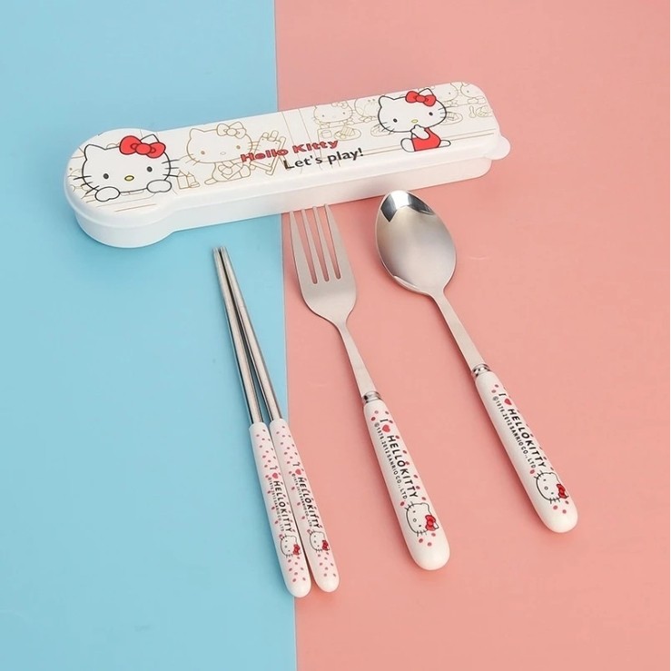 FALANZATH Student Portable Fork Spoon Cartoon Tableware 3-piece Set Sanrio Stainless Steel Tableware Hello KT