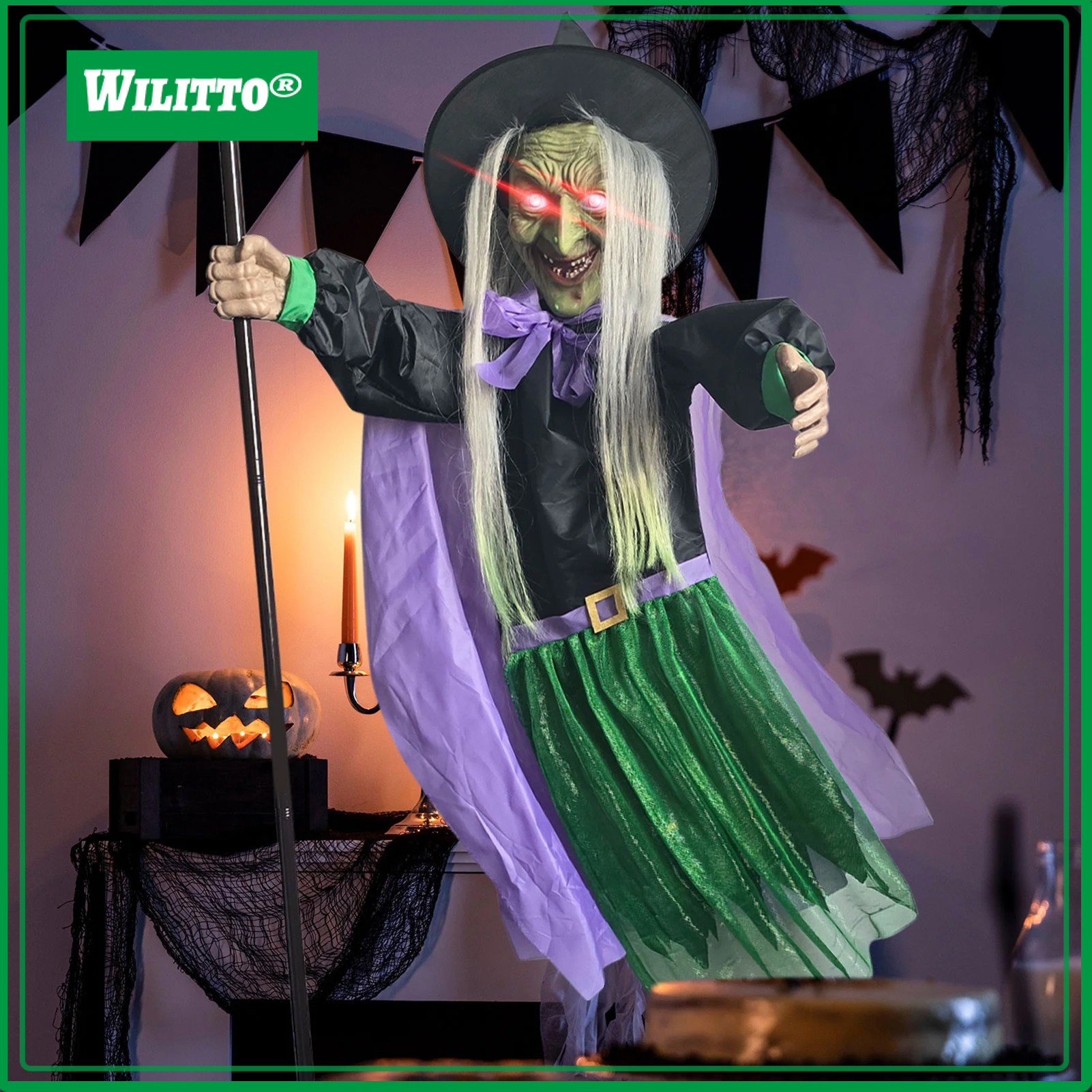 6 FT Halloween Flying Witch Decor Voice Activated Animatronic Witch on Broom with Light-up Eyes for Garden Yard Lawn Outdoor Indoor Decor ราคา 1,221 บาท*ส่งฟรี