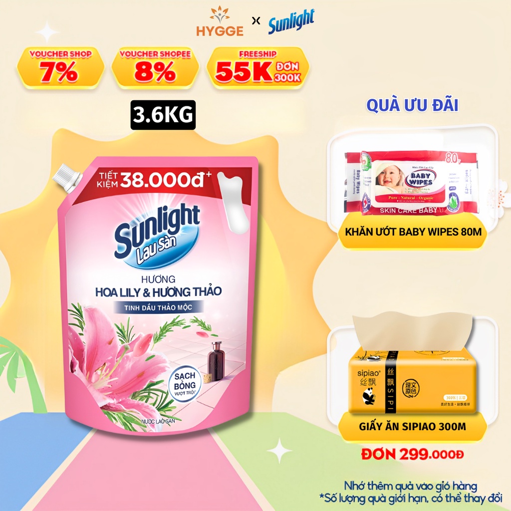 Nước lau sàn sunlight hoa lily và hương thảo tinh dầu thảo mộc túi 3.6 kg