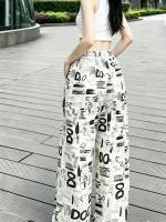 Baggy Wide Leg Pants for Women All Over Letter Print Elastic Waist Loose Casual Trousers Non Plus Size Regular Standard Size Trendy Summer Streetwear Womens Clothing for 18-35 Ladies