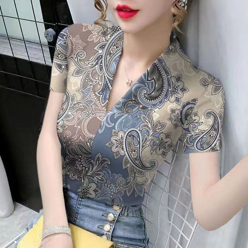 Áo Lụa băng nữ cổ chữ V Áo thun tay ngắn dáng ôm mới 2024