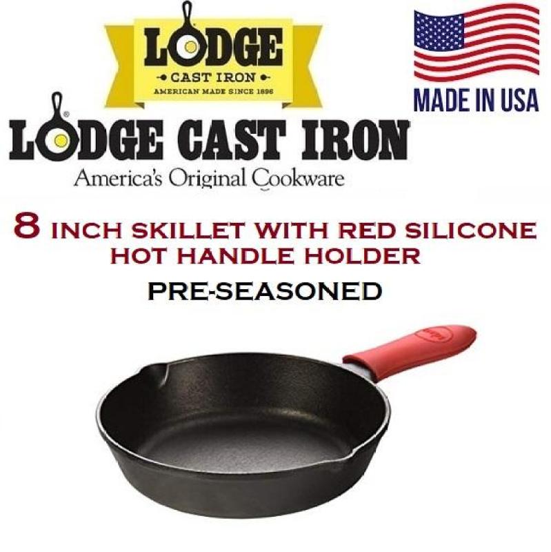 Pre-seasoned Lodge 8 Inch Cast Iron Skillet with Red Silicone Handle Holder Singapore