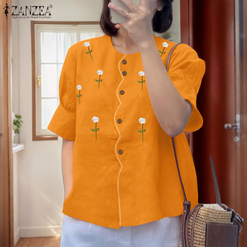 Hijabfab ZANZEA phụ nữ thêu hoa tay áo lửng áo cánh cổ tròn điều cơ bản hàng đầu #0526