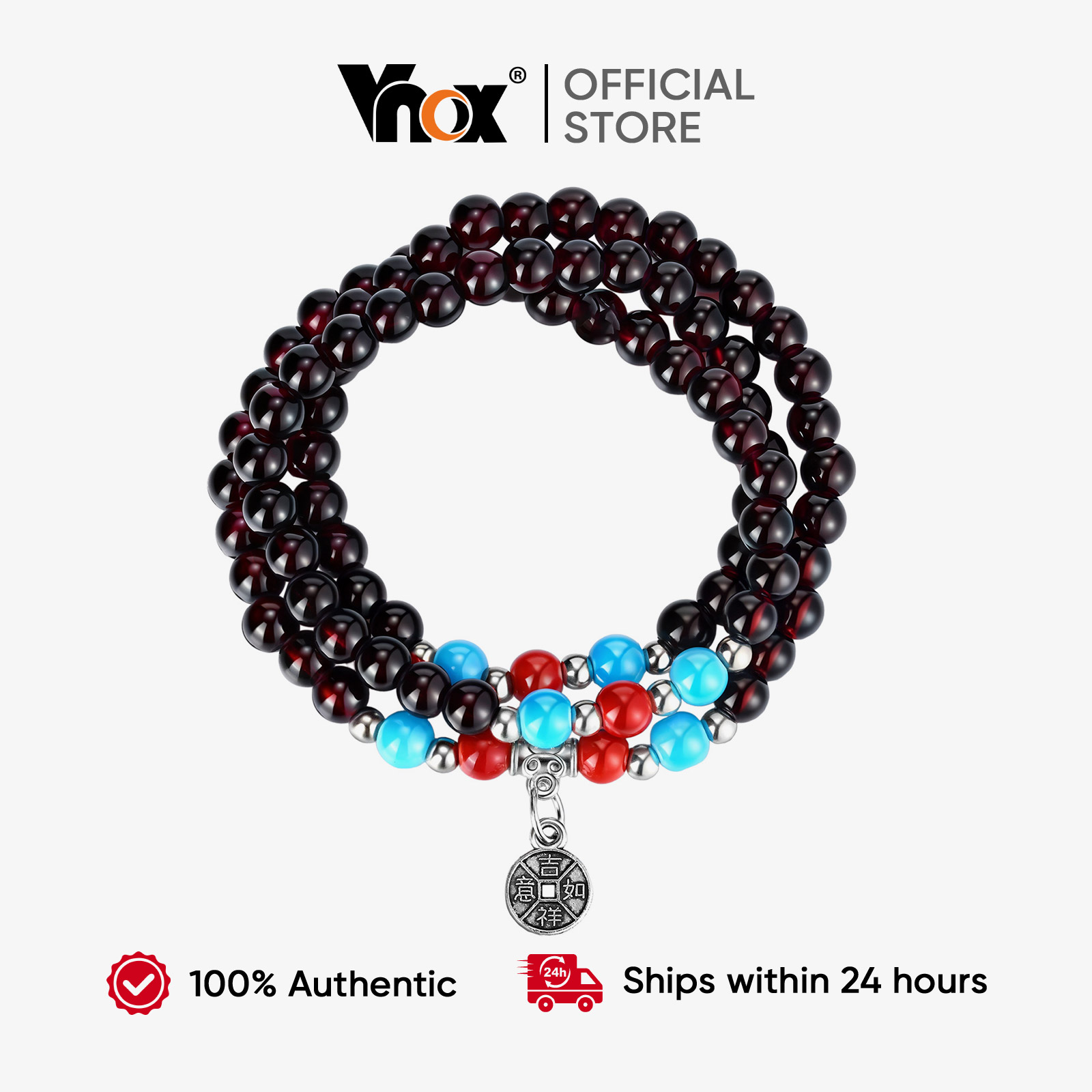 Vnox Exquisite Garnet Bead Bracelet for Women, Festive Red Blue Accents, Perfect Birthday Present - ยี่ห้อ Vnox ราคา 25 บาท*ส่งฟรี