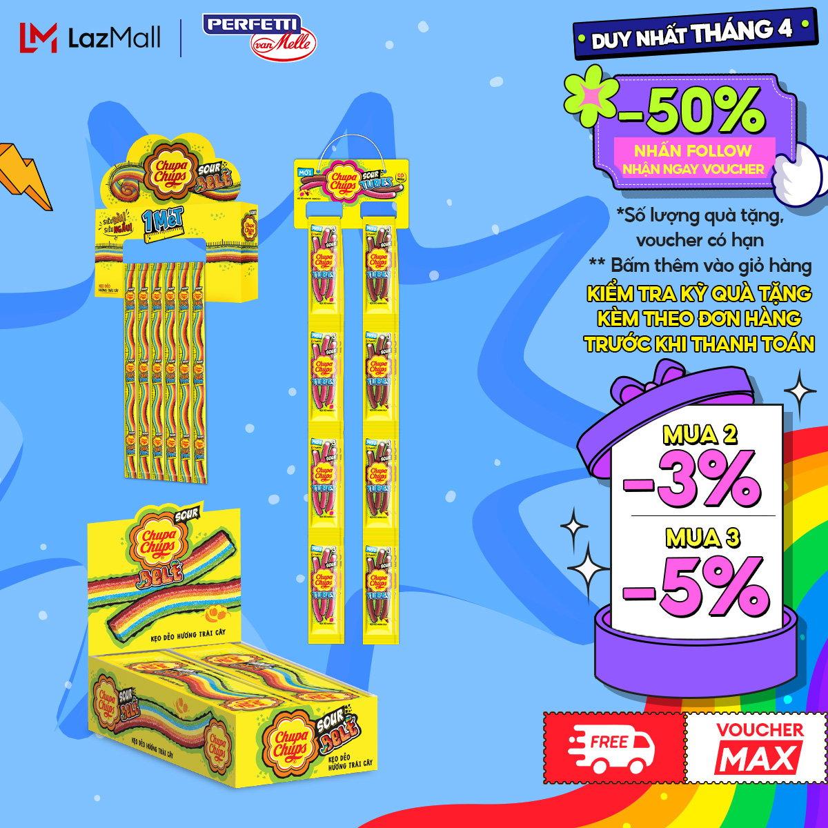 Kẹo dẻo vị chua Chupa Chups hương trái cây hỗn hợp và kẹo dẻo vị chua hình ống hương cola và dâu