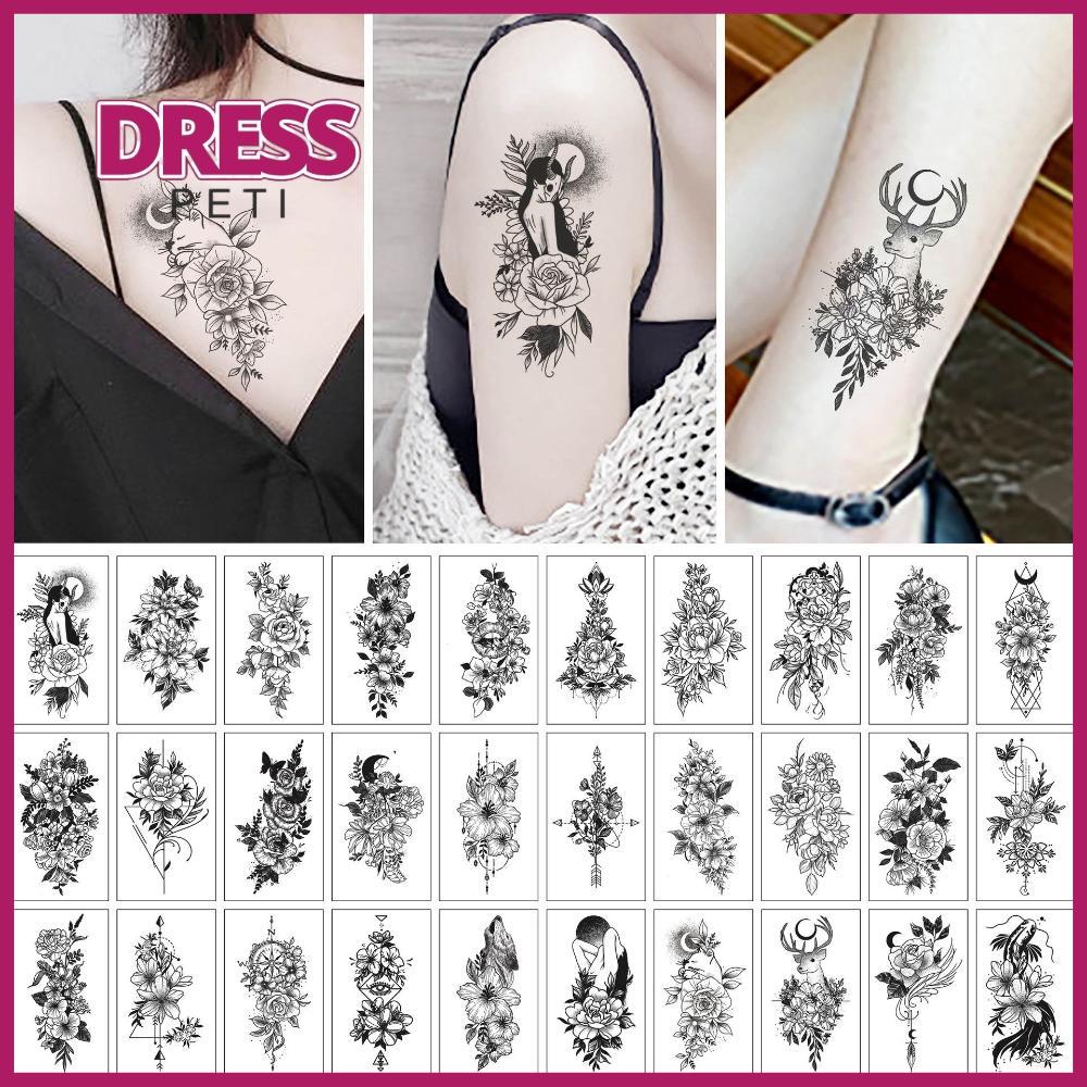 PETI DRESS 30pcs/Set Mới Hoa hồng đen Nhiều loại Hoa Hình xăm tạm thời Tatoo giả Decal cánh tay Hình dán cơ thể