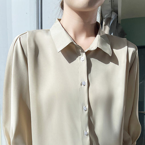 LUNAáo girl phố nữ áo kiểu  [ rút tủ lụa áo sơ mi]Lady rắn màu áo sơ mi cao cấp dài tay áo phong các