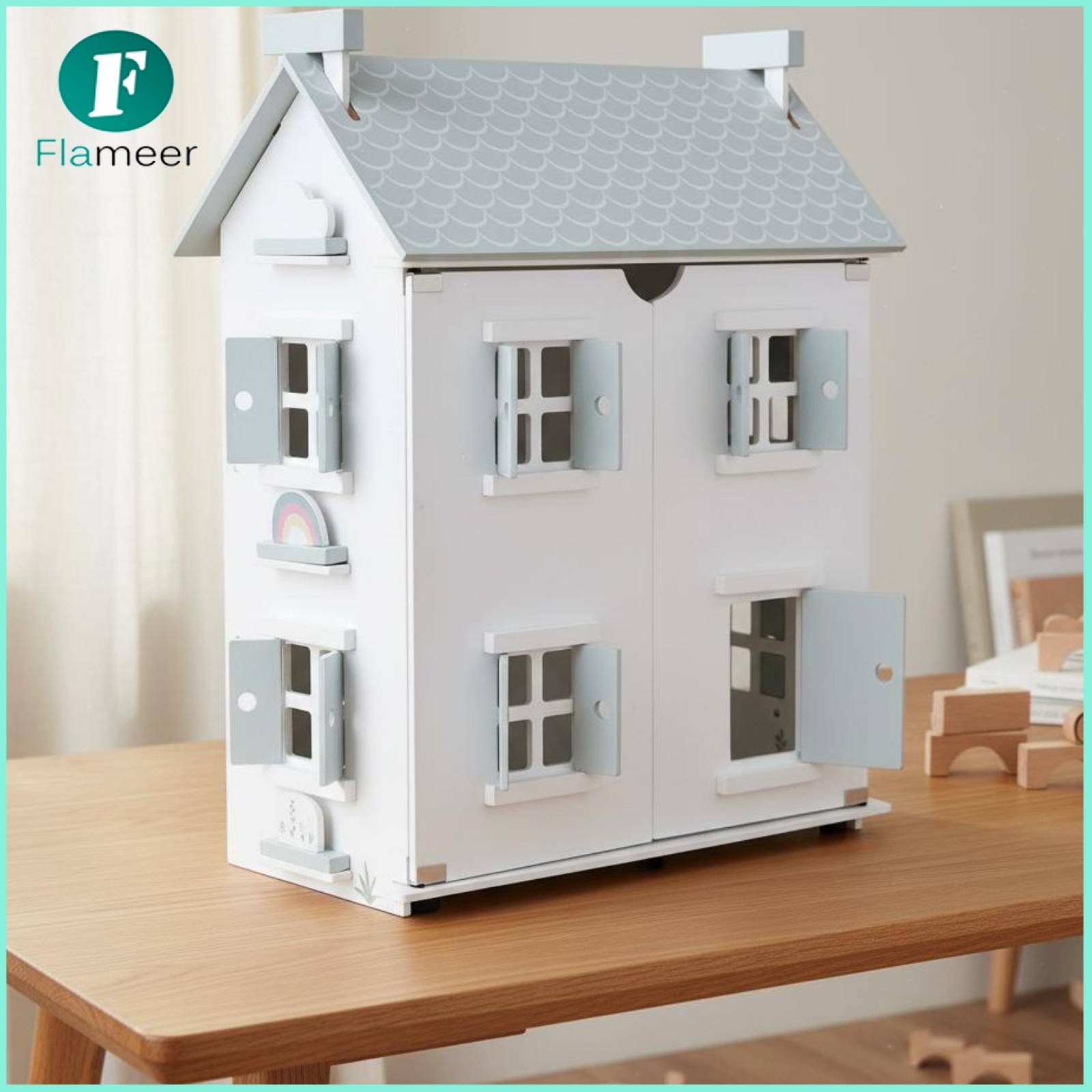 Flameer DIY Assembly Wooden Dollhouse Playset Sturdy Wood Construction Wooden Dollhouse Safe Material Pretend Play House Materials for Toddlers, Playroom ราคา 6,455 บาท*ส่งฟรี