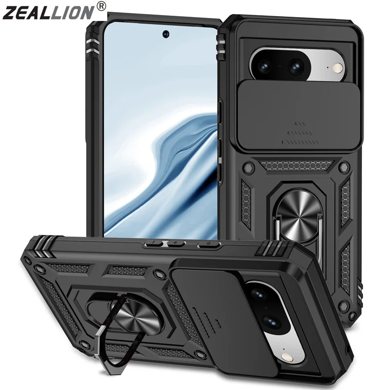 Zeallion Slider Camera Protector Armor Shockproof Phone Case For [Google Pixel 6 6A 7 6 7A 8 8A 9 Pro] with Holder Stand Back Cover Shell