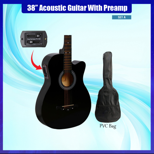 38 Inch Beginner Acoustic Guitar with EQ/Pickup Preamp Starter Pack (Black) Malaysia