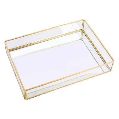 Gold Tray Mirror, Rectangle Mirror Tray Can Hold Perfume, Jewelry, Cosmetics, Makeup, Magazine and More,Decorative Tray for Vanity,Dresser,Bathroom,Bedroom(12X8X2 Inch)
