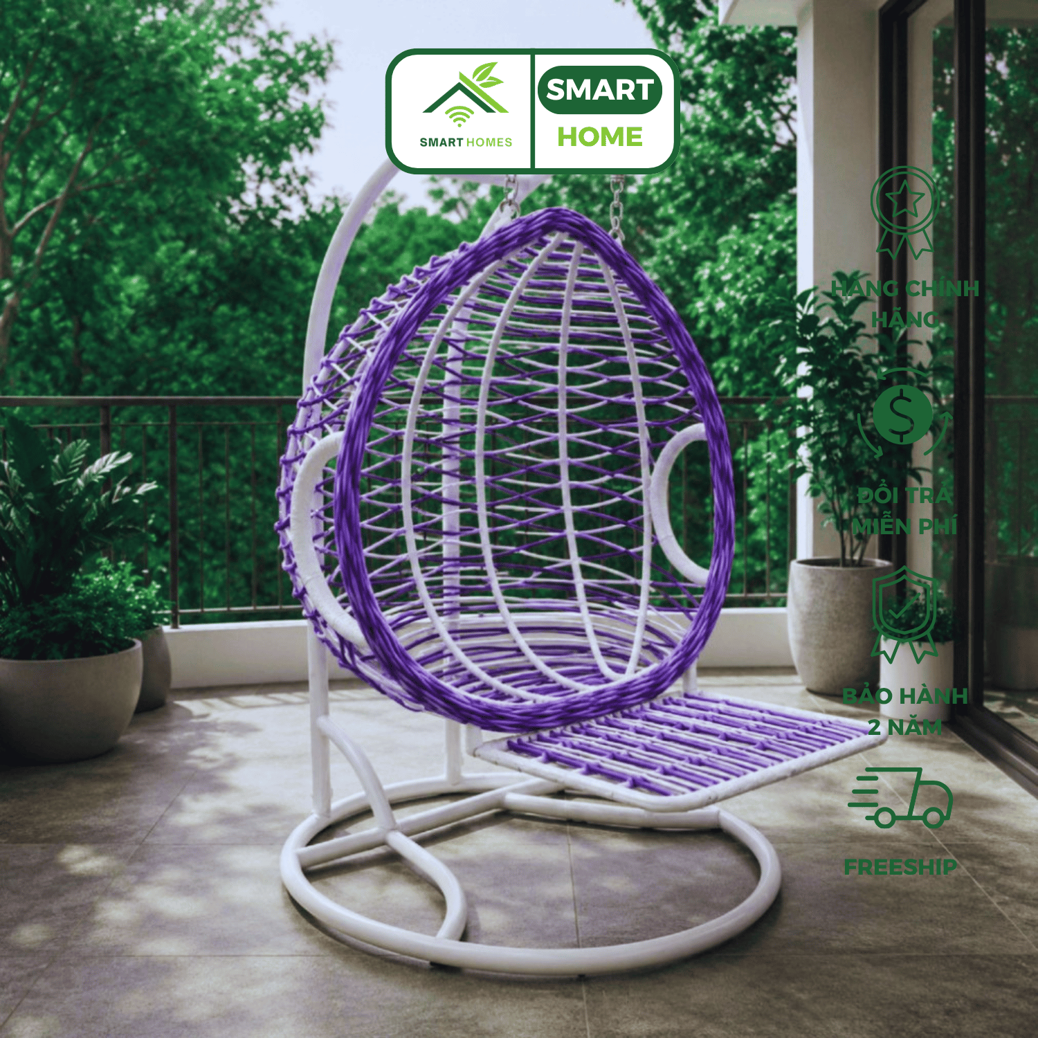 Xích Đu Giường Kén Tròn SMARTHOMES Đan Mây Nhựa Có Gác Chân Thư Giãn Decor Ban Công Sân Vườn